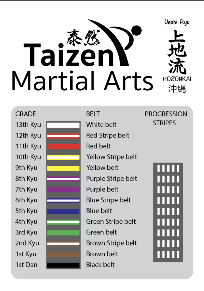 Taizen Martial Arts Uechi-Ryu grading chart from 13th Kyu white belt to 1st Dan black belt